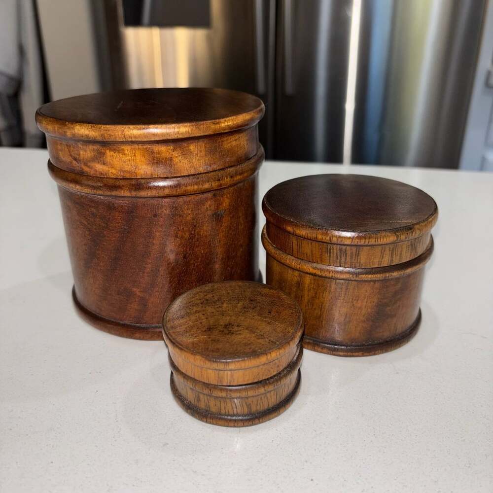 Vintage Turned Wood Treen Storage Containers Set Of 3 Dark Brown